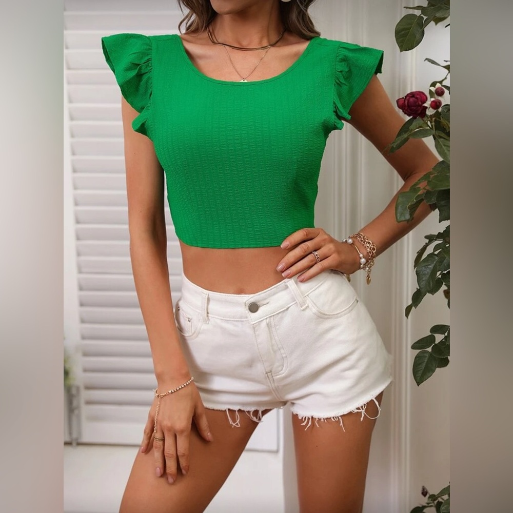 🔥💚 SHEIN Ruffle Sleeve Open-Back Crop Top – Size M (NWOT) 💚